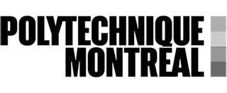 Logo noir et blanc « Polytechnique Montréal » avec une typographie épurée du nom de l’établissement et une colonne de quatre carrés