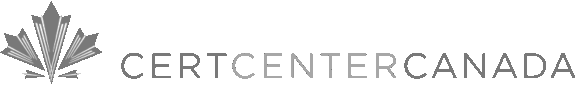 Logo noir et blanc « Cert Center Canada » avec une typographie épurée et une feuille d’érable abstraite