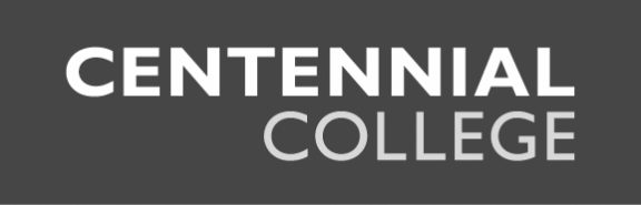 Logo noir et blanc « Centennial College » avec une typographie épurée du nom de l’établissement