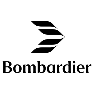 Logo noir et blanc « Bombardier » avec une typographie épurée du nom de l’entreprise et une aile d’avion stylisée et moderne