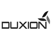 Logo noir et blanc « Duxion » avec une typographie épurée du nom de l’entreprise et trois symboles en forme de lame