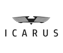 Logo noir et blanc « Icarus » avec une typographie épurée du nom de l’entreprise et une aile stylisée à double face