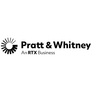 Logo noir et blanc « Pratt & Whitney » avec une typographie épurée du nom de l’entreprise et une turbine stylisée en rotation