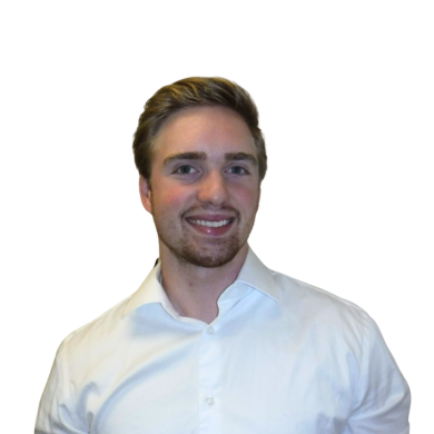 Headshot of Coulter Macdonald wearing a buttoned-up, long-sleeve white shirt, set against a transparent background